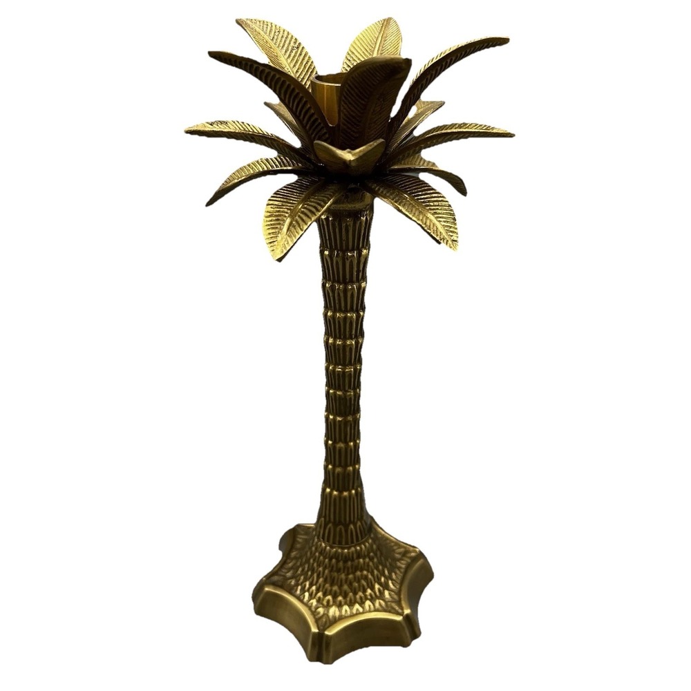 Brass Palm Tree Candlestick Holder 11" Vintage Moroccan Art Deco Heavy